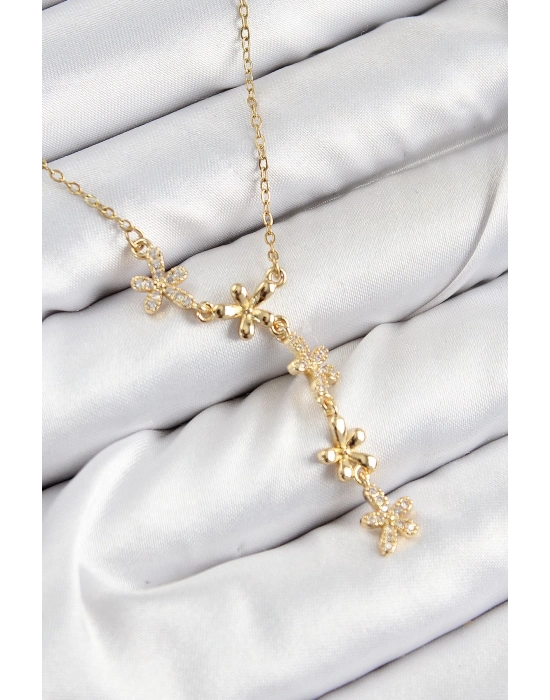 ® 316L Çelik Zirkon Taşlı Çiçek Model Gold Renk Kadın Kolye