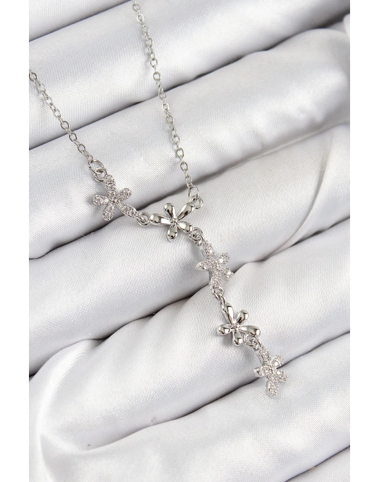 ® 316L Çelik Zirkon Taşlı Çiçek Model Gümüş Renk Kadın Kolye