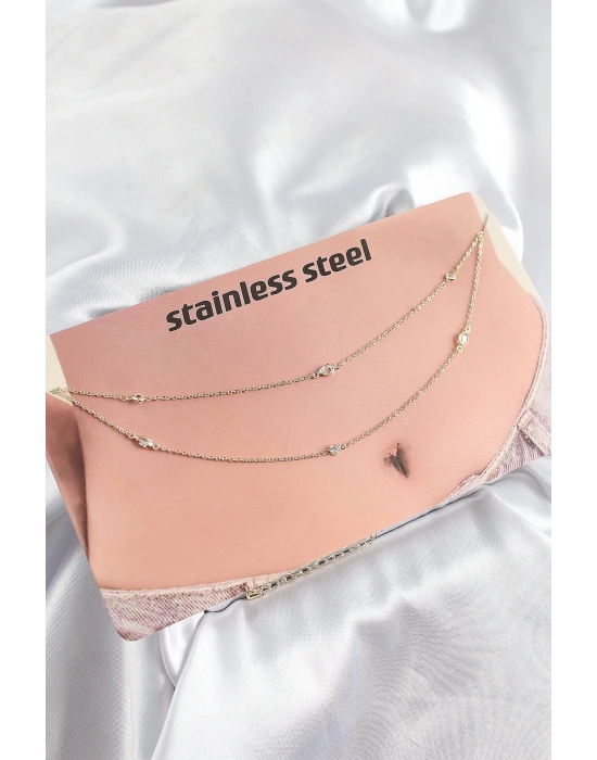 ® 316L Çelik Zirkon Taşlı Damla Model Gold Renk Göbek Bel Zinciri