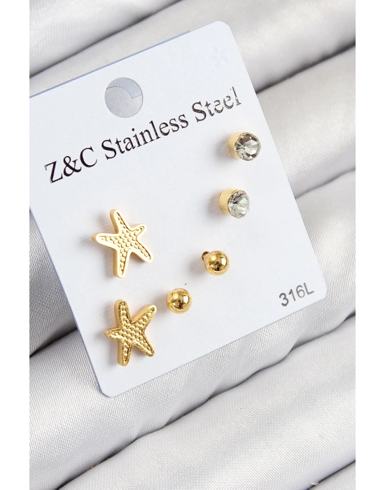 ® 316L Çelik Zirkon Taşlı Deniz Yıldızı Model Gümüş Renk Kadın Set Küpe