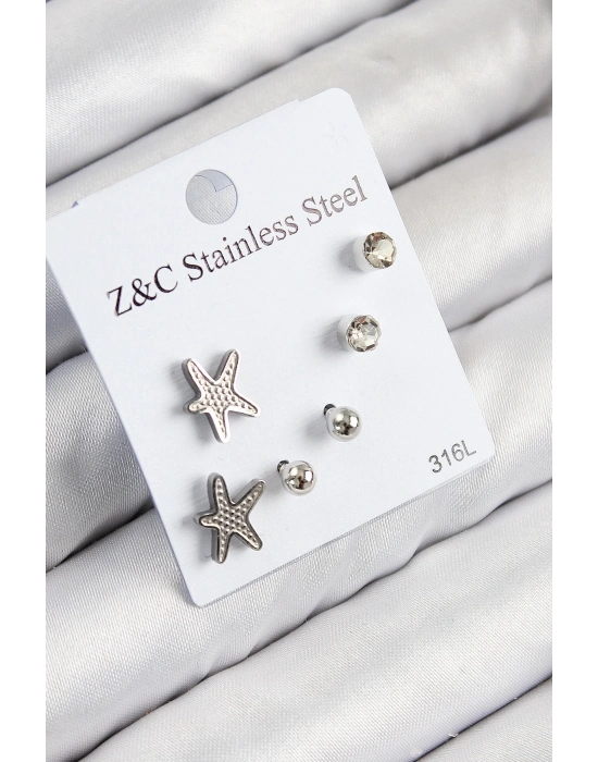 ® 316L Çelik Zirkon Taşlı Deniz Yıldızı Model Gümüş Renk Kadın Set Küpe