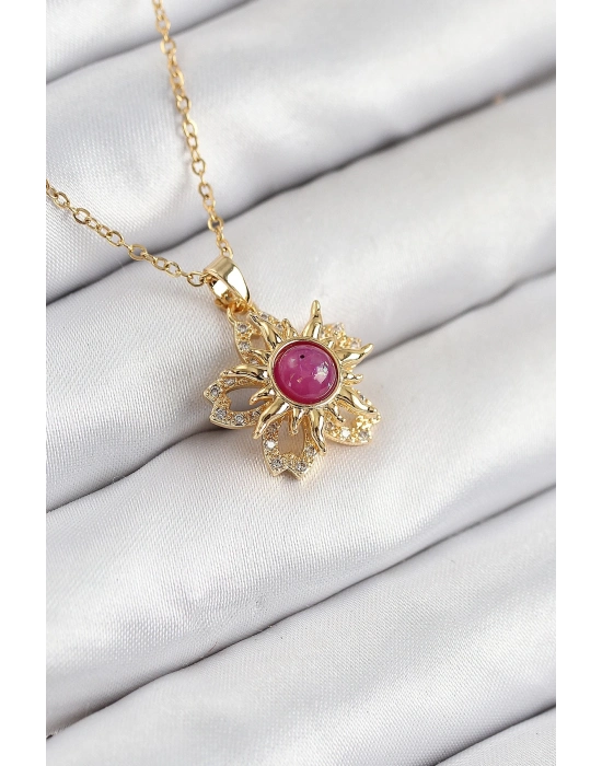 ® 316L Çelik Zirkon Taşlı Döner Güneş Model Gold Renk Kadın Kolye