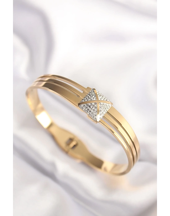 ® 316L Çelik Zirkon Taşlı Gold Renk Kadın Kelepçe Bilezik