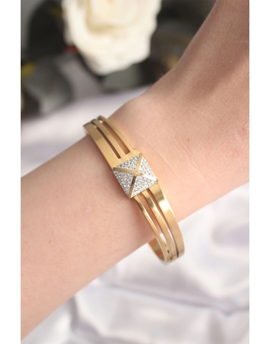 ® 316L Çelik Zirkon Taşlı Gold Renk Kadın Kelepçe Bilezik