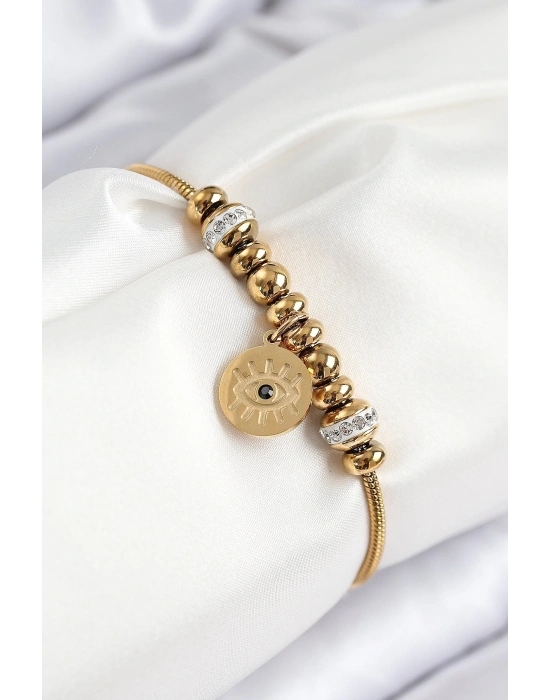 ® 316L Çelik Zirkon Taşlı Göz Charm Model Gold Renk Kadın Bileklik