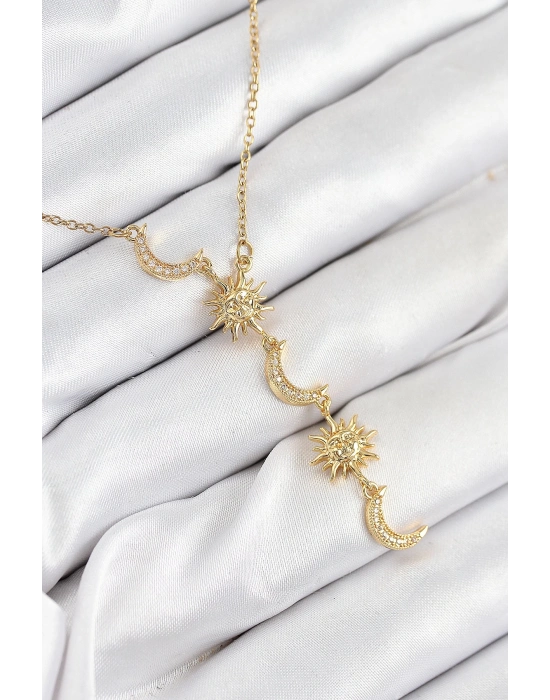 ® 316L Çelik Zirkon Taşlı Güneş Ve Ay Model Gold Renk Kadın Kolye