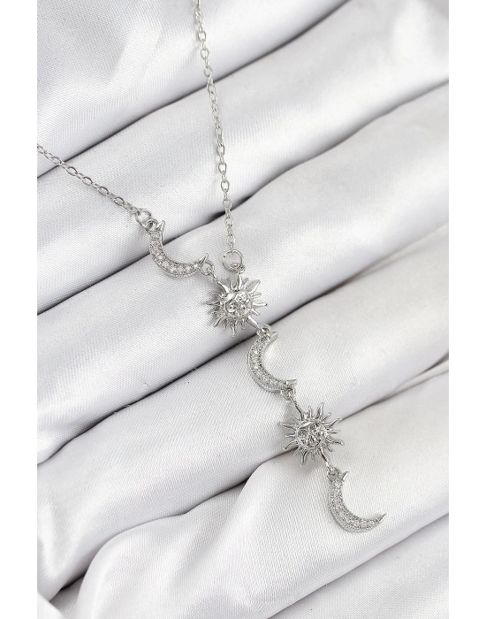 ® 316L Çelik Zirkon Taşlı Güneş Ve Ay Model Gümüş Renk Kadın Kolye