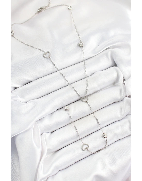 ® 316L Çelik Zirkon Taşlı Kalp Figürlü Y Model Gümüş Renk Kadın Kolye