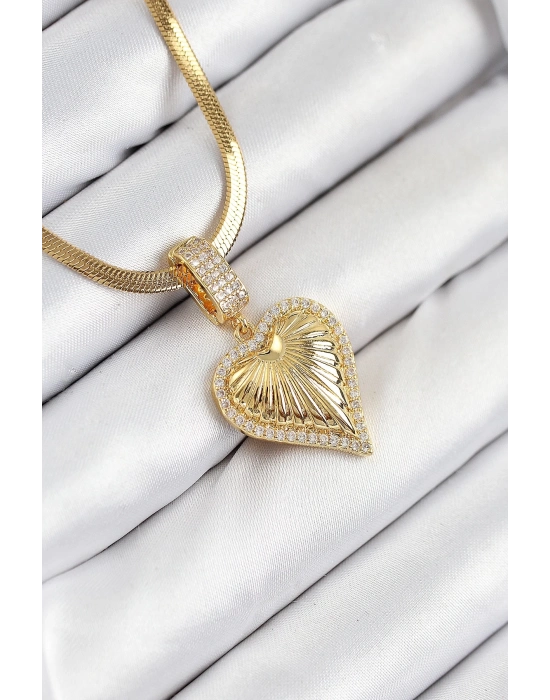 ® 316L Çelik Zirkon Taşlı Kalp Model Gold Renk Kadın Kolye