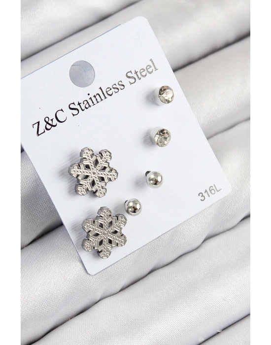 ® 316L Çelik Zirkon Taşlı Kar Tanesi Model Gümüş Renk Kadın Set Küpe
