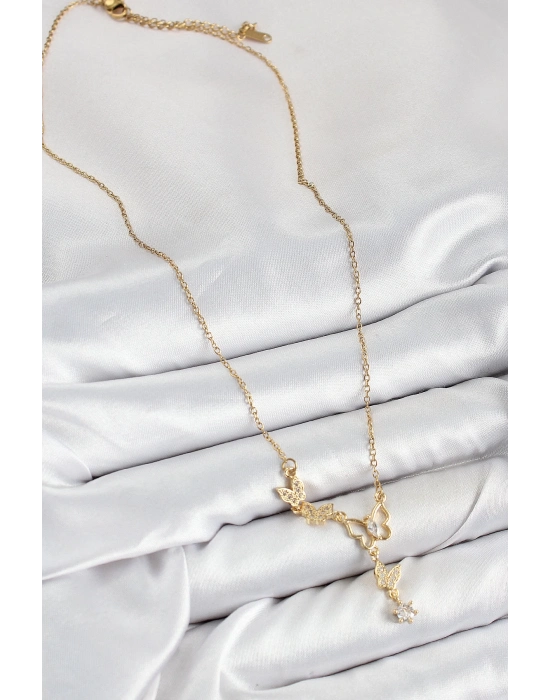 ® 316L Çelik Zirkon Taşlı Kelebek Model Gold Renk Kadın Kolye