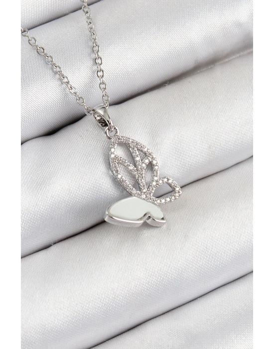 ® 316L Çelik Zirkon Taşlı Kelebek Model Gümüş Renk Kadın Kolye