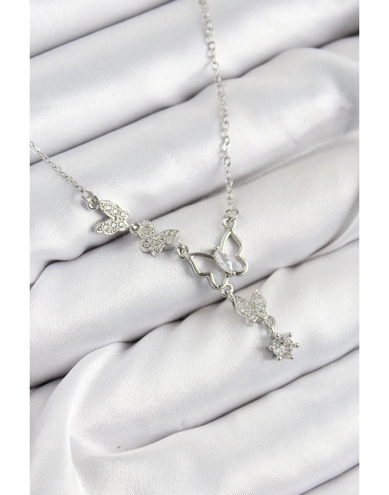 ® 316L Çelik Zirkon Taşlı Kelebek Model Gümüş Renk Kadın Kolye