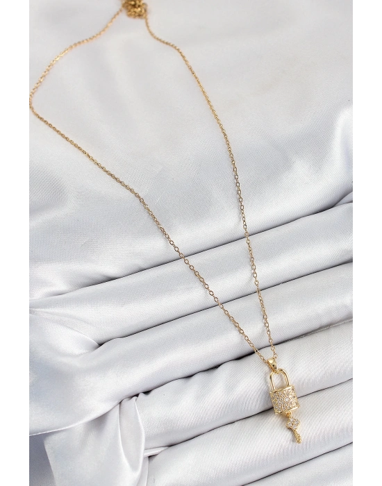 ® 316L Çelik Zirkon Taşlı Kilit Ve Sallantılı Anahtar Model Gold Renk Kadın Kolye