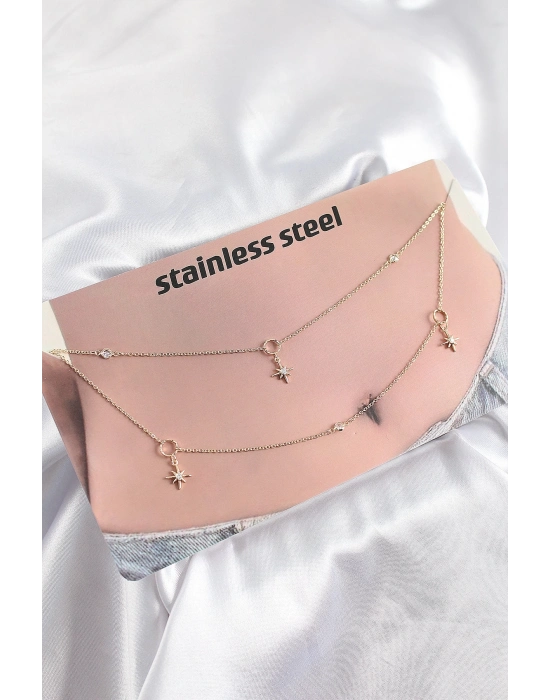 ® 316L Çelik Zirkon Taşlı Kutup Yıldızı Model Gold Renk Göbek Bel Zinciri