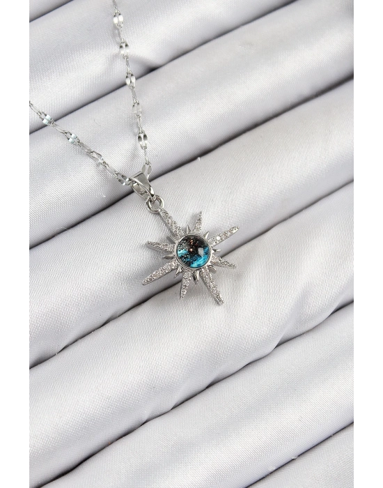 ® 316L Çelik Zirkon Taşlı Kutup Yıldızı Model Gümüş Renk Kadın Kolye