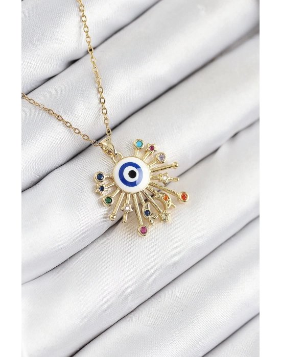 ® 316L Çelik Zirkon Taşlı Nazar Model Gold Renk Kadın Kolye