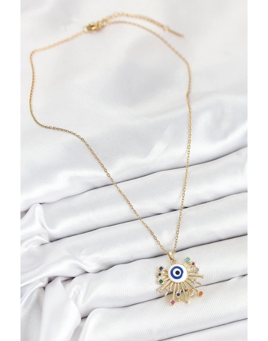 ® 316L Çelik Zirkon Taşlı Nazar Model Gold Renk Kadın Kolye