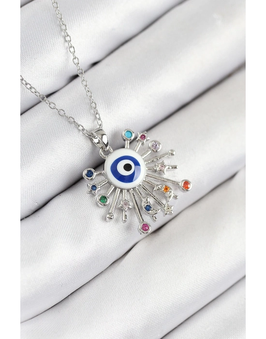 ® 316L Çelik Zirkon Taşlı Nazar Model Gümüş Renk Kadın Kolye