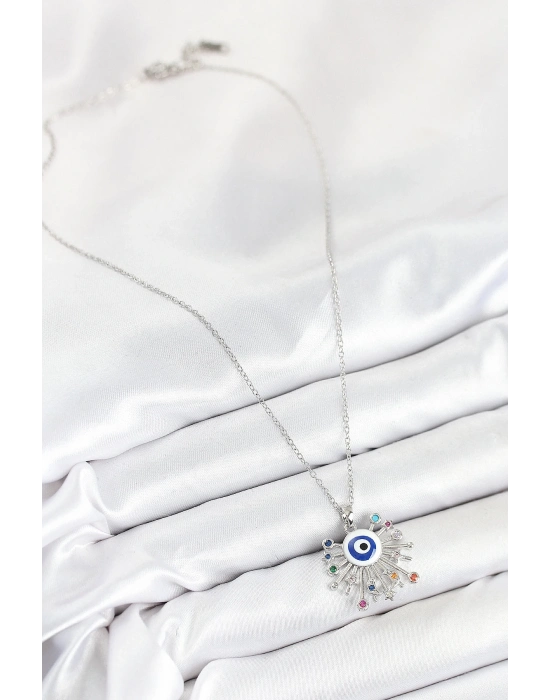 ® 316L Çelik Zirkon Taşlı Nazar Model Gümüş Renk Kadın Kolye