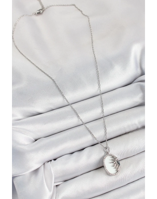 ® 316L Çelik Zirkon Taşlı Yarım Güneş Model Gümüş Renk Kadın Kolye