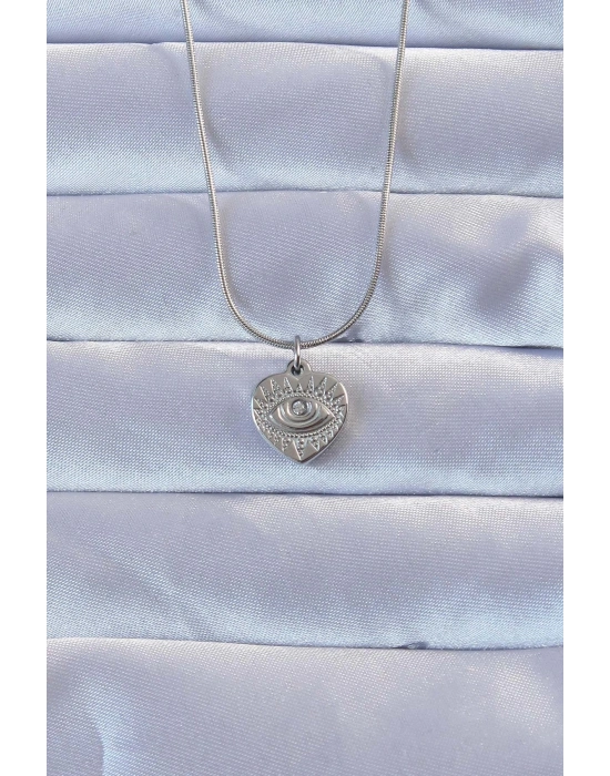 ® 316L Gümüş Renk Zirkon Taşlı İşlemeli Göz Detay Kalp Kolye