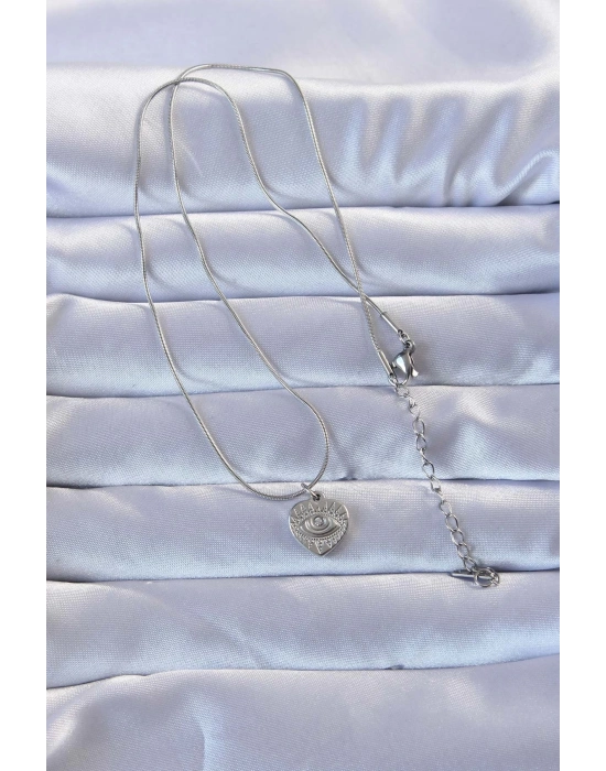 ® 316L Gümüş Renk Zirkon Taşlı İşlemeli Göz Detay Kalp Kolye