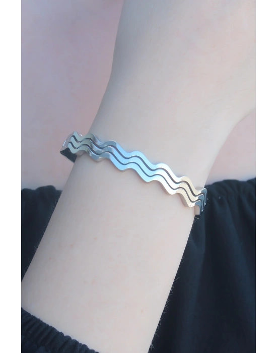 ® 316L Kararmaz Çelik Gümüş Renk Dalga Model Kelepçe Kadın Bileklik