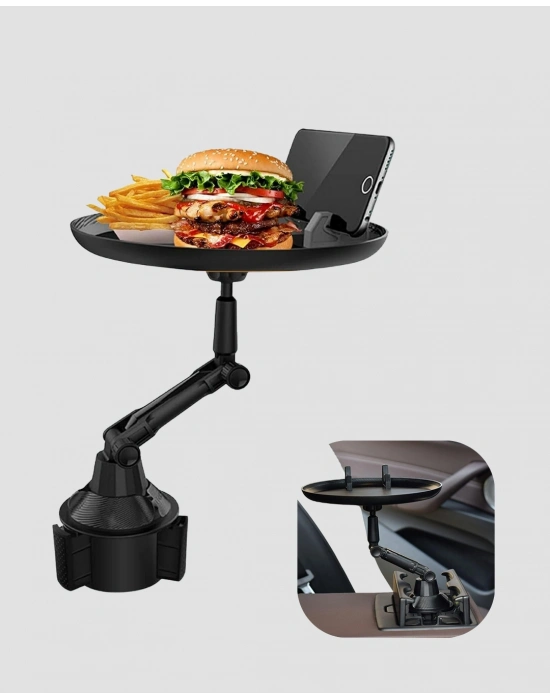 ® 360° Döner Araç Bardaklık Tepsisi Geniş Yemek Alanlı Telefon Standlı