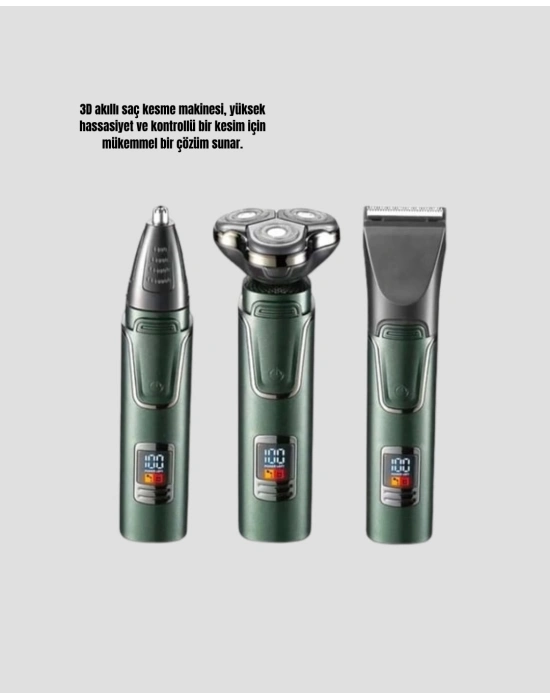 ® 3D Akıllı Kesim Teknolojili Şarjlı Tıraş Seti – 3 Başlıklı, Paslanmaz Çelik Bıçaklı