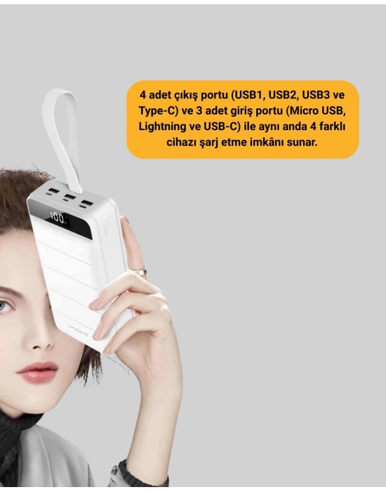 ® 4 Cihazı Aynı Anda Şarj Edebilen Güçlü Powerbank 50000 mAh