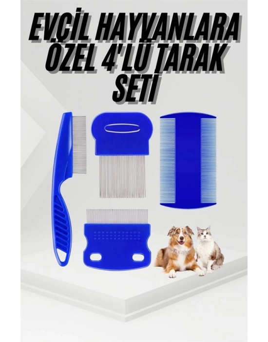 ® 4lü Bit Pire Tarağı Set Kedi Köpek Evcil Hayvan Tüy Toplayıcı Mavi