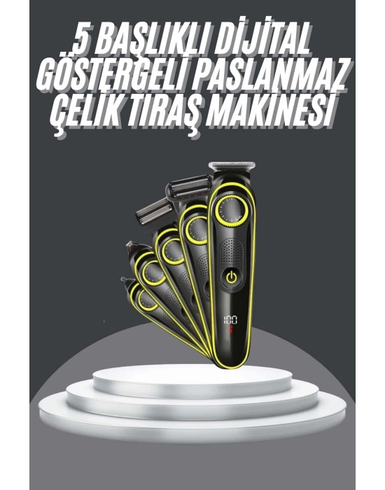 ® 5 Başlıklı Şarjlı Tıraş Makinesi Led Ekran Saç Sakal Ense Tıraşına Uygun Bakım Seti