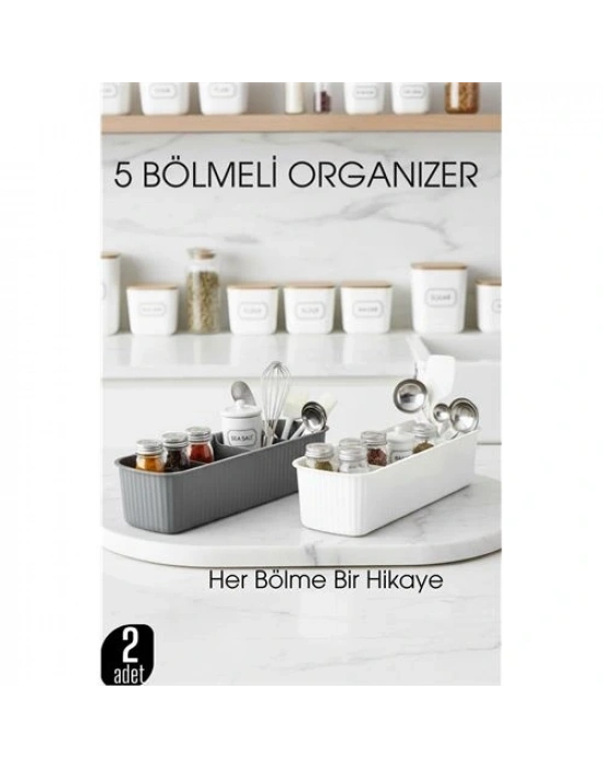 ® 5 Bölmeli Mutfak Organizer Kutusu Gri & Beyaz 2’li Set  Baharat ve Gereç Düzenleyici
