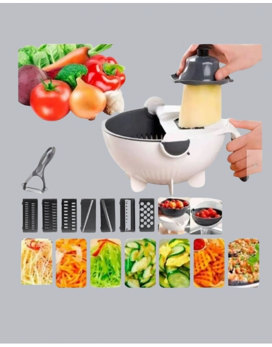 ® 5 Fonksiyonlu Döner Rende Süzgeçli Çok Amaçlı Sebze Doğrayıcı Kaymaz Tabanlı
