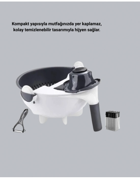 ® 5 Fonksiyonlu Döner Rende Süzgeçli Çok Amaçlı Sebze Doğrayıcı Kaymaz Tabanlı