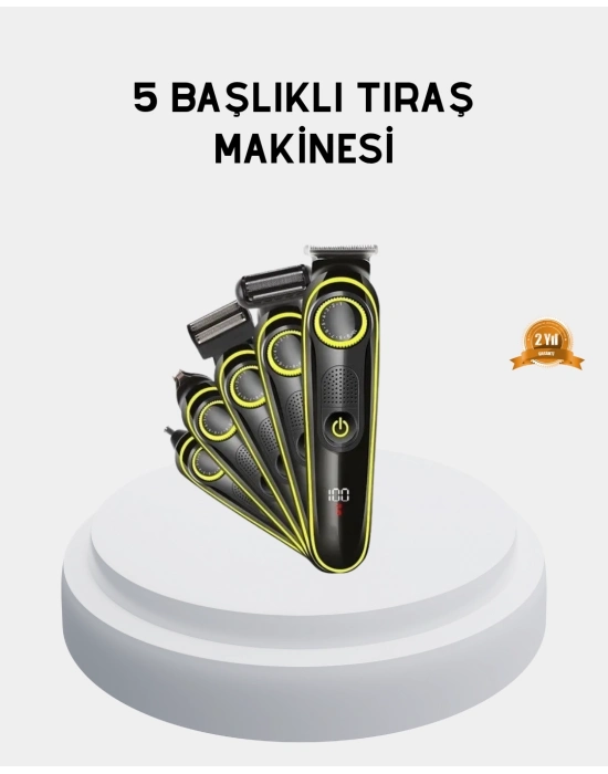 ® 5’i 1 Arada Şarjlı Tıraş Makinesi – Paslanmaz Çelik Başlıklı, Yüz ve Vücut Bakım Cihazı