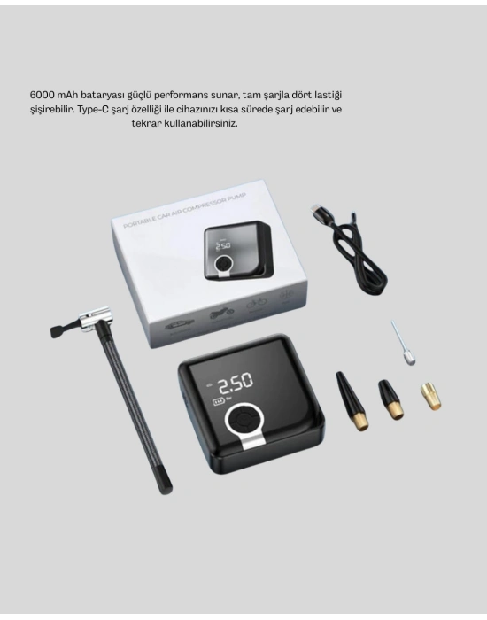 ® 6000mAh Bataryalı Type-C Şarjlı Mini Hava Kompresörü LED Işıklı
