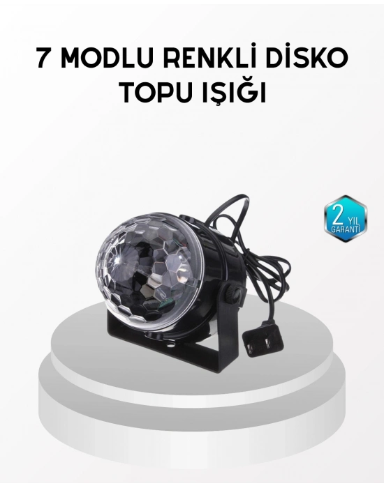 ® 7 Renk Modlu Müzik Sensörlü Disko Topu – LED Işıklı Parti Aydınlatması