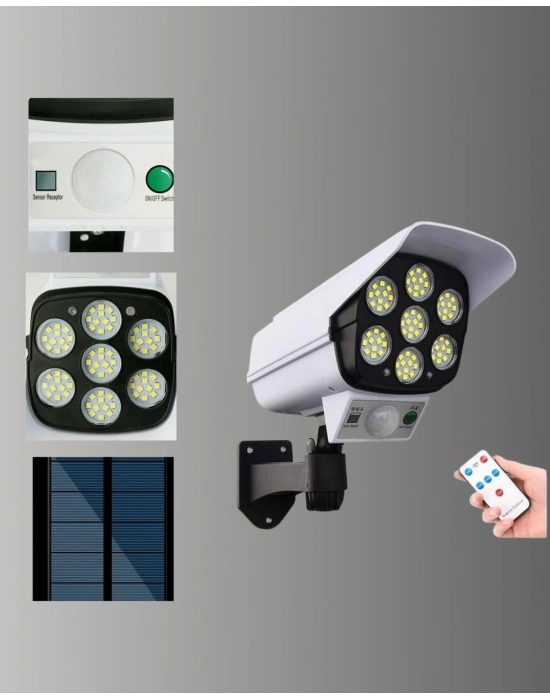 ® 77 LEDli Güneş Enerjili Güvenlik Lambası ve Kukla Kamera – Hareket Sensörlü, 2400mAh Pilli
