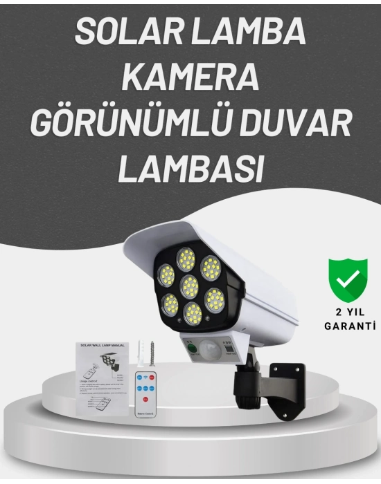 ® 77 LEDli Güneş Enerjili Güvenlik Lambası ve Kukla Kamera – Hareket Sensörlü, 2400mAh Pilli