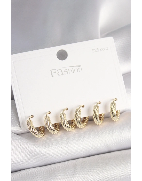 ® 925 Ayar Gümüş Çivi Pirinç Gold Renk İşlemeli Halka Model Kadın Küpe Seti