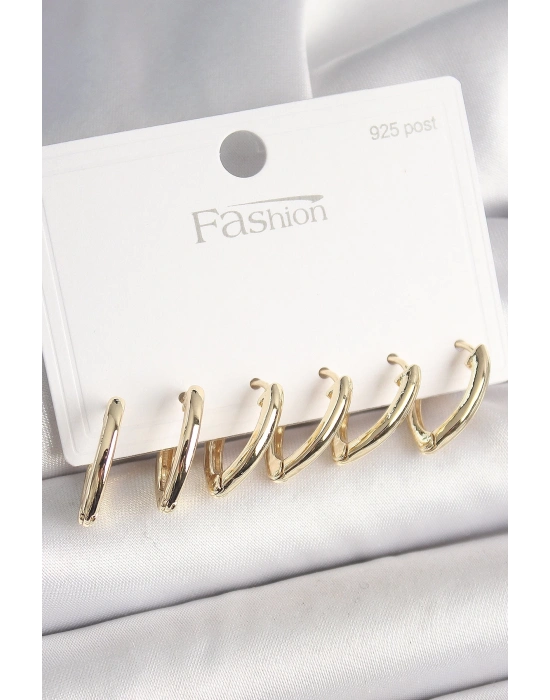 ® 925 Ayar Gümüş Çivi Pirinç Gold Renk Üçgen Model Kadın Küpe Seti