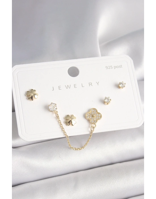 ® 925 Ayar Gümüş Çivi Pirinç Gold Renk Zirkon Taşlı Yonca Model Sallantı Zincir Detay Kadın Küpe Seti