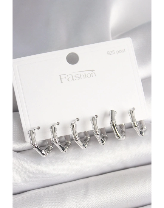 ® 925 Ayar Gümüş Çivi Pirinç Gümüş Renk Bambu Halka Model Kadın Küpe Seti