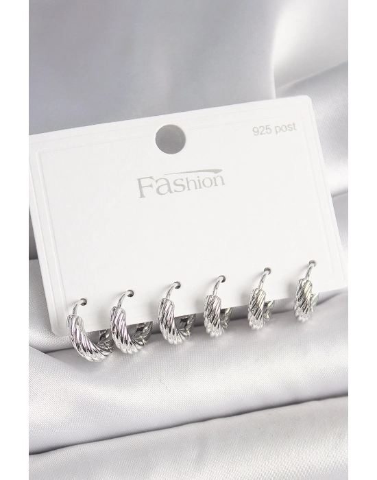 ® 925 Ayar Gümüş Çivi Pirinç Gümüş Renk İşlemeli Halka Model Kadın Küpe Seti