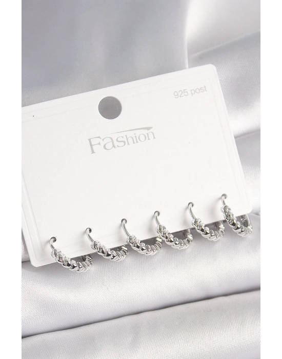 ® 925 Ayar Gümüş Çivi Pirinç Gümüş Renk Kalp İşlemeli Halka Model Kadın Küpe Seti