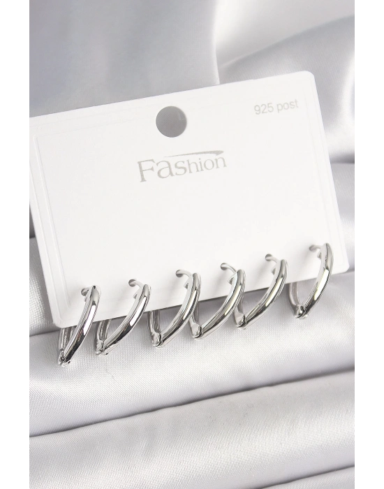 ® 925 Ayar Gümüş Çivi Pirinç Gümüş Renk Üçgen Model Kadın Küpe Seti