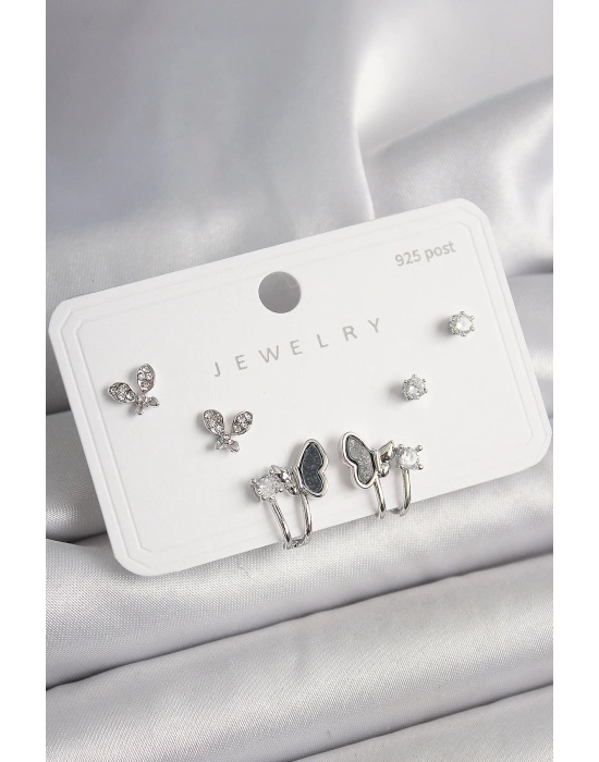 ® 925 Ayar Gümüş Çivi Pirinç Gümüş Renk Zirkon Taşlı Kelebek Model Kadın Küpe Seti