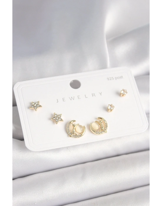 ® 925 Ayar Gümüş Çivi Zirkon Taşlı Hilal Yıldız Model Kadın Küpe Seti